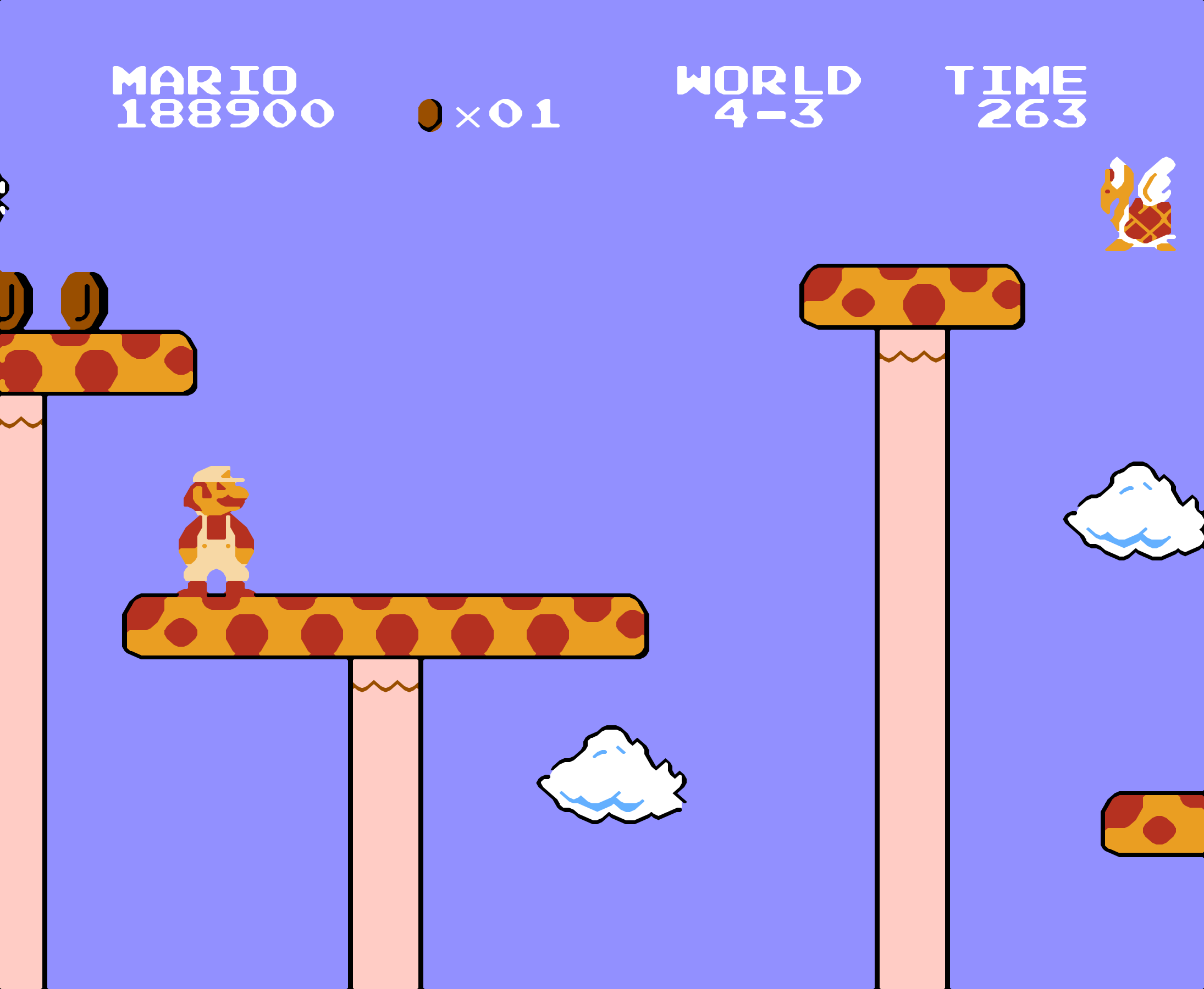 Super Mario Bros. World 4-3，这个高高的“蘑菇平台”一定要加速奔跑之后再跳，否则无法上去。