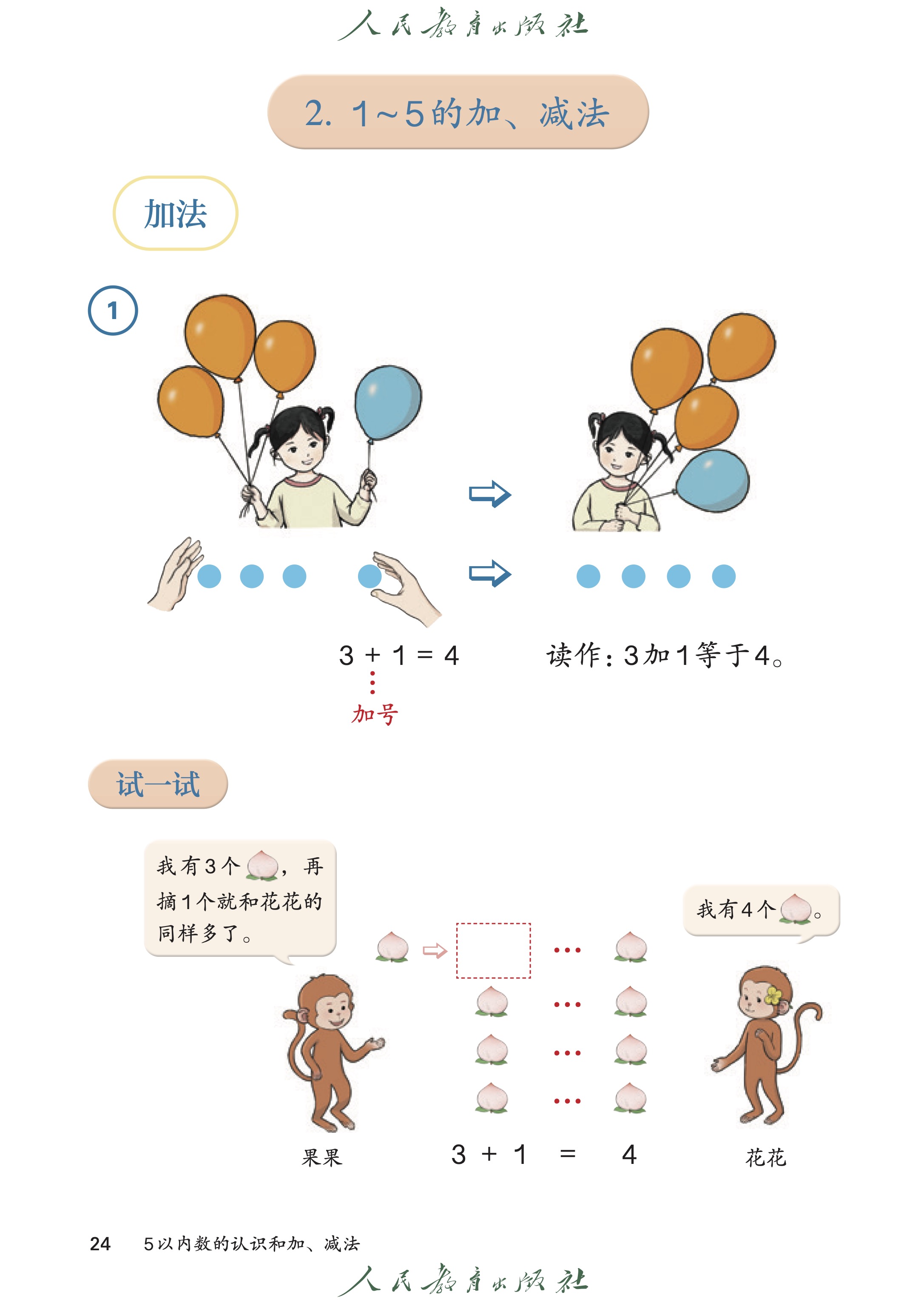 人教版2024版小学数学一年级上册。第一张图（🎈）为加法的第一种含义——合并。第二张图（两只傻🐒）为加法的第二种含义——增加